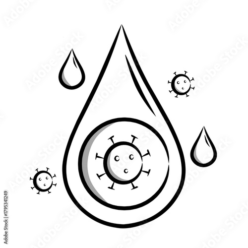 A line art illustration of a blood or liquid drop containing a virus symbol with minimal shading, perfect for health, safety, medical awareness, and viral-related design projects.