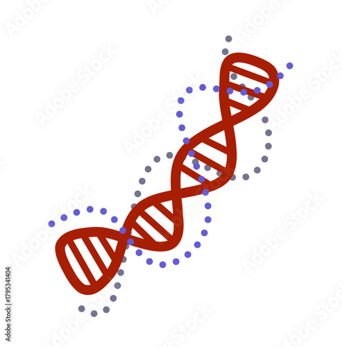 An illustration of a red DNA double helix with surrounding purple and gray dotted accents, for use in educational materials, science-themed graphics or medical presentations