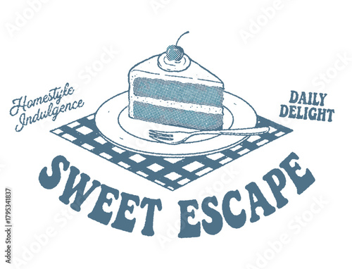 Classic, vintage-style dessert logo featuring a slice of cherry-topped layer cake on a checkered floor. Sweet Indulgence. Deliciously Crafted.