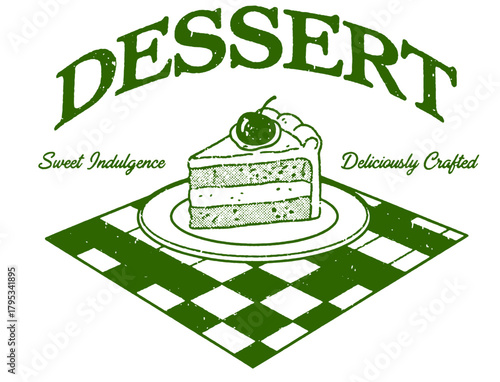 Classic, vintage-style dessert logo featuring a slice of cherry-topped layer cake on a checkered floor. Sweet Indulgence. Deliciously Crafted.