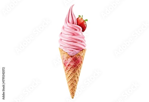 Strawberry ice cream in a waffle cone on a white background
