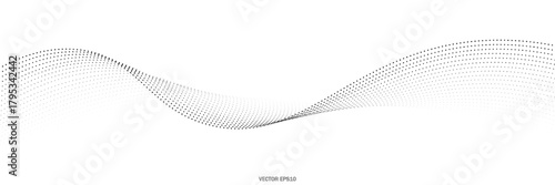 Flowing dots particles wave pattern halftone gradient curve shape isolated on white background. Vector in concept of technology, science, music, modern.