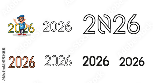 Collection of 2026 text designs, various typography styles from outline to solid, suitable for new year greetings, diverse graphic elements for annual events