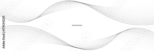 Flowing dots particles wave pattern halftone gradient curve shape isolated on white background. Vector in concept of technology, science, music, modern.