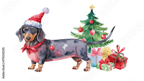 Watercolor dachshund christmas dog with santa hat christmas tree and gifts holiday season festive design