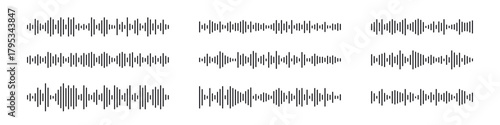 Audio wave form, flat vector illustration of sound waves and frequency symbols