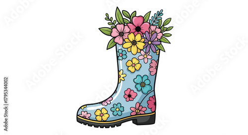 Colorful flowers blossom from a charming patterned rain boot for springtime designs