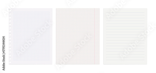 Notebook paper styles, flat vector illustration with grid, lined, blank sheets