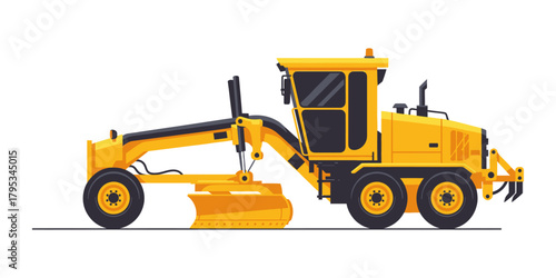 Yellow Motor Grader Construction Vehicle Isolated on White Background.