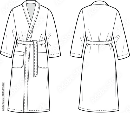 Bathrobe technical sketch, front and back view, shawl collar, belt, patch pockets, fashion design, sewing, garment construction, flat vector illustration