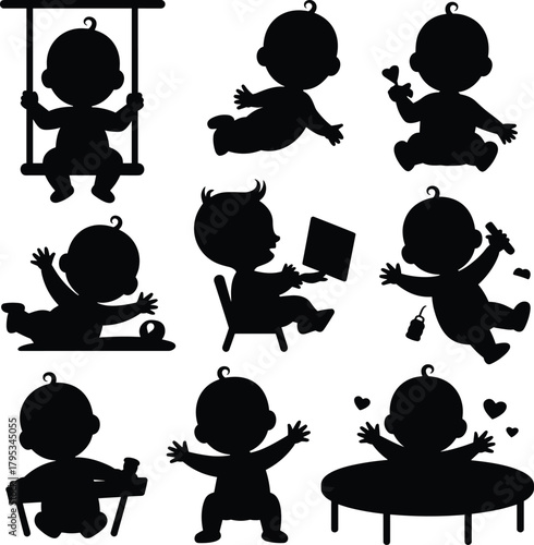 Baby silhouette collection of playful poses, crawling, sitting, reading, eating, swinging, holding heart, vector icons for parenting content