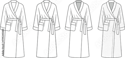 Bathrobe front view technical sketch, shawl collar robe design, belt waist, patch pockets, quilted texture option, fashion garment template