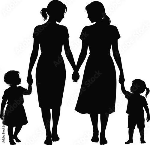Family silhouette holding hands, parents with children, unity, love, caregiving, black vector, togetherness, support, flat design, isolated graphic