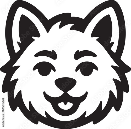 Black and White Cartoon Face of a Happy Dog puppy head