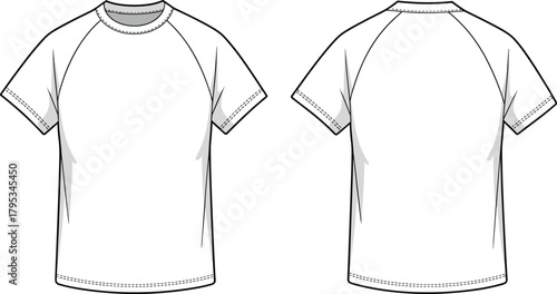Plain white raglan t-shirt front back view, crew neck short sleeve apparel, blank garment template, fashion design, clothing mockup