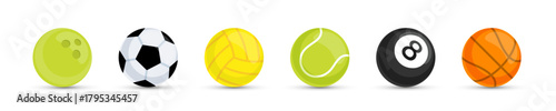 Sports balls, flat vector illustration of diverse game equipment