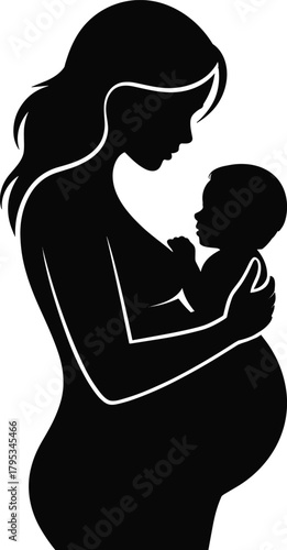 Pregnant woman holding baby, black silhouette, motherhood concept, family love, maternal care, parenting bond, flat vector illustration