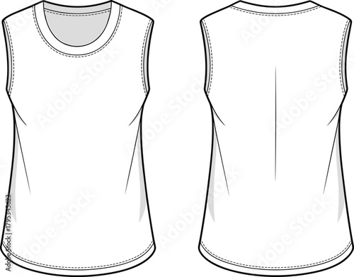 Sleeveless top sketch, fashion flat drawing, technical garment illustration, round neckline, flared hem, front and back view, vector template