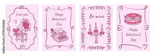 Whimsical pink Valentine card set featuring hand-drawn frames with gramophone, typewriter, candelabra, and cake motifs, perfect for romantic greeting, printable stationery, festive invitation design