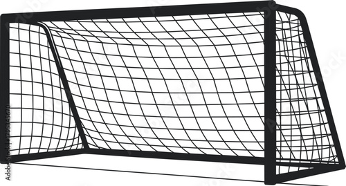 Soccer goal with net perspective, sports equipment design, football goalpost structure, grid mesh detail, flat vector illustration, isolated graphic
