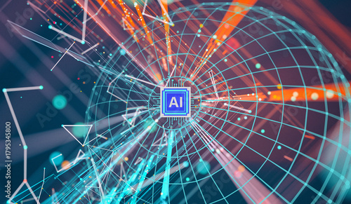 Schilderij op canvas The design of future artificial intelligence includes the letters AI, a digital network, and an AI microchip, which symbolize artificial intelligence, advanced technology, and digital connectivity