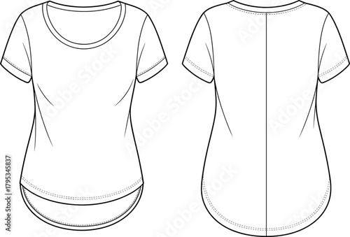 Women's scoop neck t-shirt, short sleeve top, curved hem, technical fashion sketch, flat vector apparel design, front back view