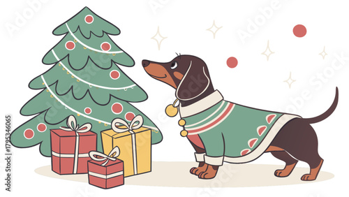 Cute dachshund dog christmas tree presents holiday season festive illustration vector graphic design