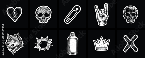 Punk rock style icons, rebellion and alternative culture symbols