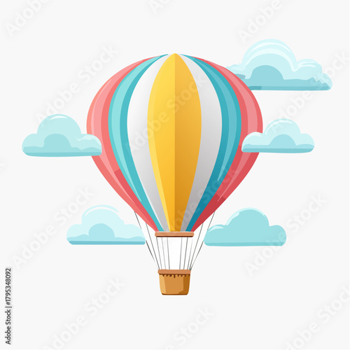 Kolorowy balon na ogrzane powietrze lecący wśród chmur, radosna podróż po niebie.