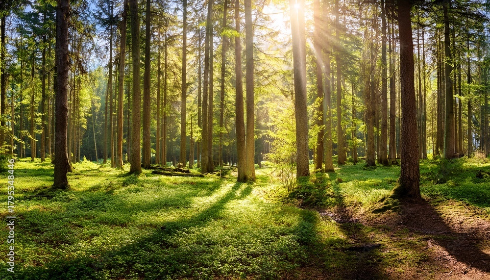 Obraz premium the forest is particularly beautiful in spring when the bright sunlight filters through the trees