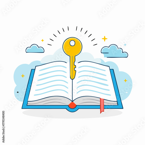 Otwarta książka z kluczem unoszącym się nad stronami, wiedza jako klucz do sukcesu.