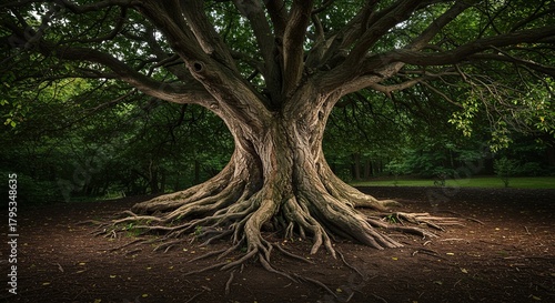 A gnarled, ancient tree with massive roots gripping the earth, symbolizing enduring resilience and natural power. Its robust trunk shows age ,monumental ,power ,majestic