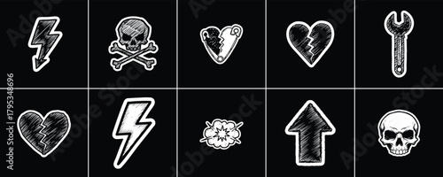 Punk rock inspired sketch style icons and symbols graphic collection