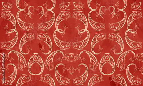 Ethnic Tribal Seamless Floral Textile Pattern – Boho Decorative Ikat Eastern Flower Design in Crimson and White Gold for Fashion and Interior