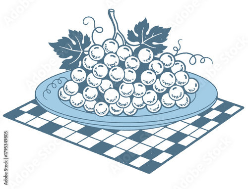 A cluster of grapes and leaves on a round plate, resting on a checkered tablecloth. Vintage, retro fruit illustration in blue/grey tones.