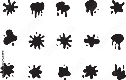 Collection of black ink splatters and drops on white background