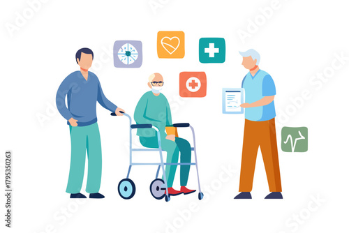 Caretaker and old age senior with physical disability icon set. Therapy caregiver, elder patient assistance, nursing home vector graphic symbols. Man with walker and wheelchair. icon