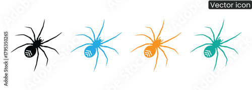 Bold spider icons in four vibrant colors offer versatile graphic elements for modern designs. Instantly elevate your projects with this striking and dynamic collection.