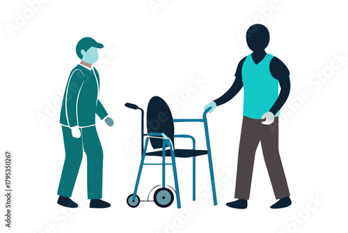 Caretaker and old age senior with physical disability icon set. Therapy caregiver, elder patient assistance, nursing home vector graphic symbols. Man with walker and wheelchair. icon