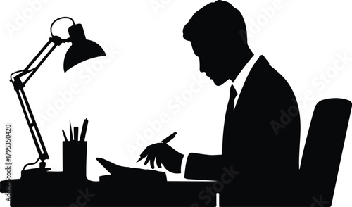 Silhouette of a businessman working at a desk with a lamp and calculator Keywords: silhouette