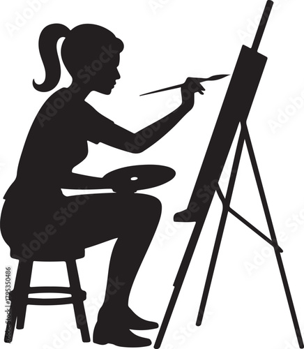 Silhouette of a female artist painting on an easel with a palette brush