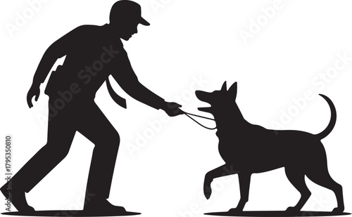 Silhouette of a man in a cap training a dog on a leash person canine