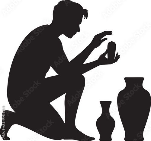 Silhouette of a person examining pottery vases human male