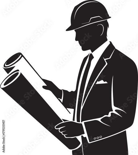 Silhouette of an architect in a suit holding blueprints engineer builder