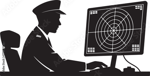 Silhouette of a uniformed man operating a computer with a radar display vector illustration