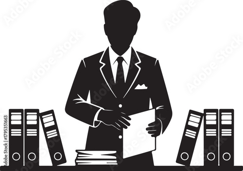 Silhouette of businessman at desk with binders and papers on white background paperwork