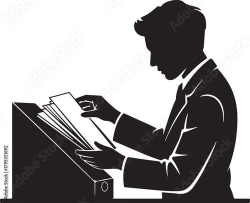 Silhouette of businessman reviewing documents in a binder on white background paperwork