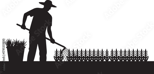 Silhouette of farmer with rake and bucket in a field of crops agriculture farming