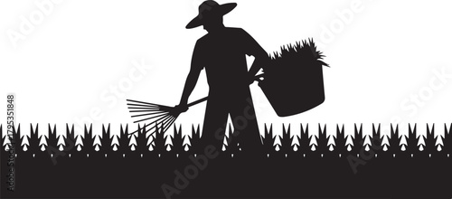 Silhouette of farmer with rake and basket in a field of crops agriculture farming