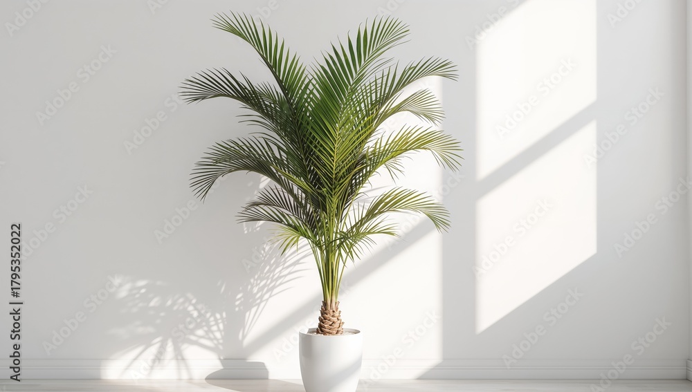 Fototapeta premium Green Palm Accent, Indoor, in a Minimalist Setting Sunlight and White Textures Play.